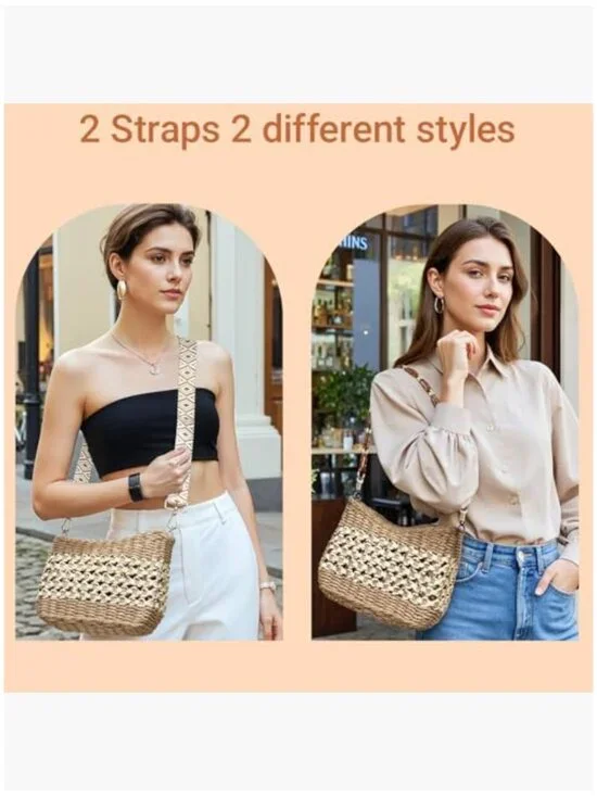 Straw Woven Crossbody Bag with Adjustable Strap, Small Summer Handbag - Picture 4 of 7